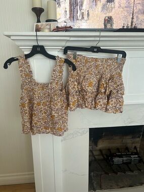 AQUA Floral Two-Piece Set in Cream & Mustard